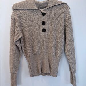 Varley Ribbed Taupe Cowl Neck Sweater with Button Accents